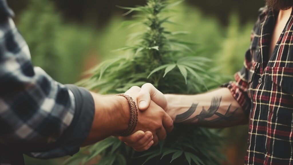 Farmers handshake in marijuana farm. Dialogue between two businessmen to sign contract.